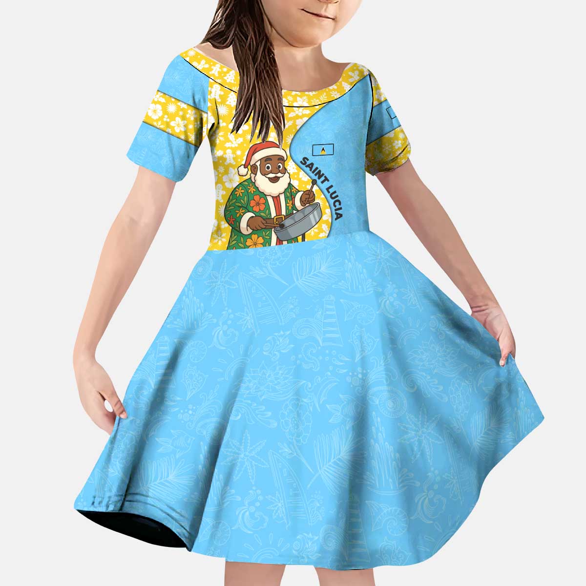 Saint Lucia Christmas Kid Short Sleeve Dress with Steelpan Santa Floral Pattern and Flag - Wonder Print Shop