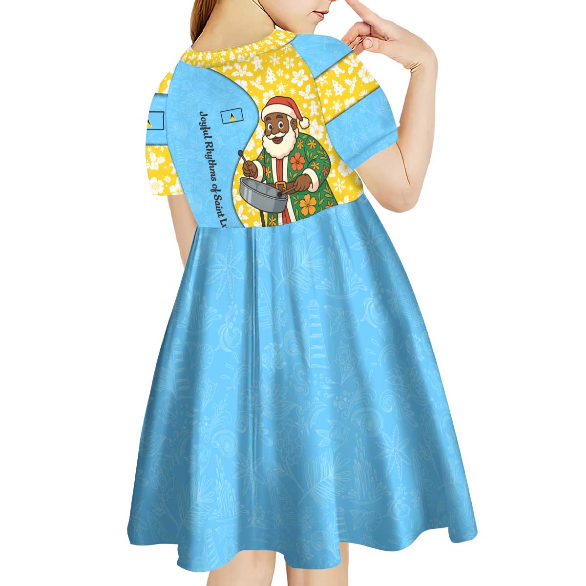 Saint Lucia Christmas Kid Short Sleeve Dress with Steelpan Santa Floral Pattern and Flag - Wonder Print Shop