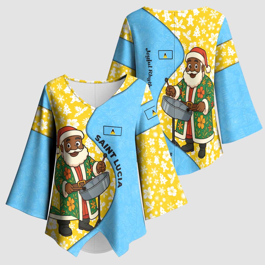 Saint Lucia Christmas Kimono Sleeve Blouse with Steelpan Santa Floral Pattern and Flag - Wonder Print Shop