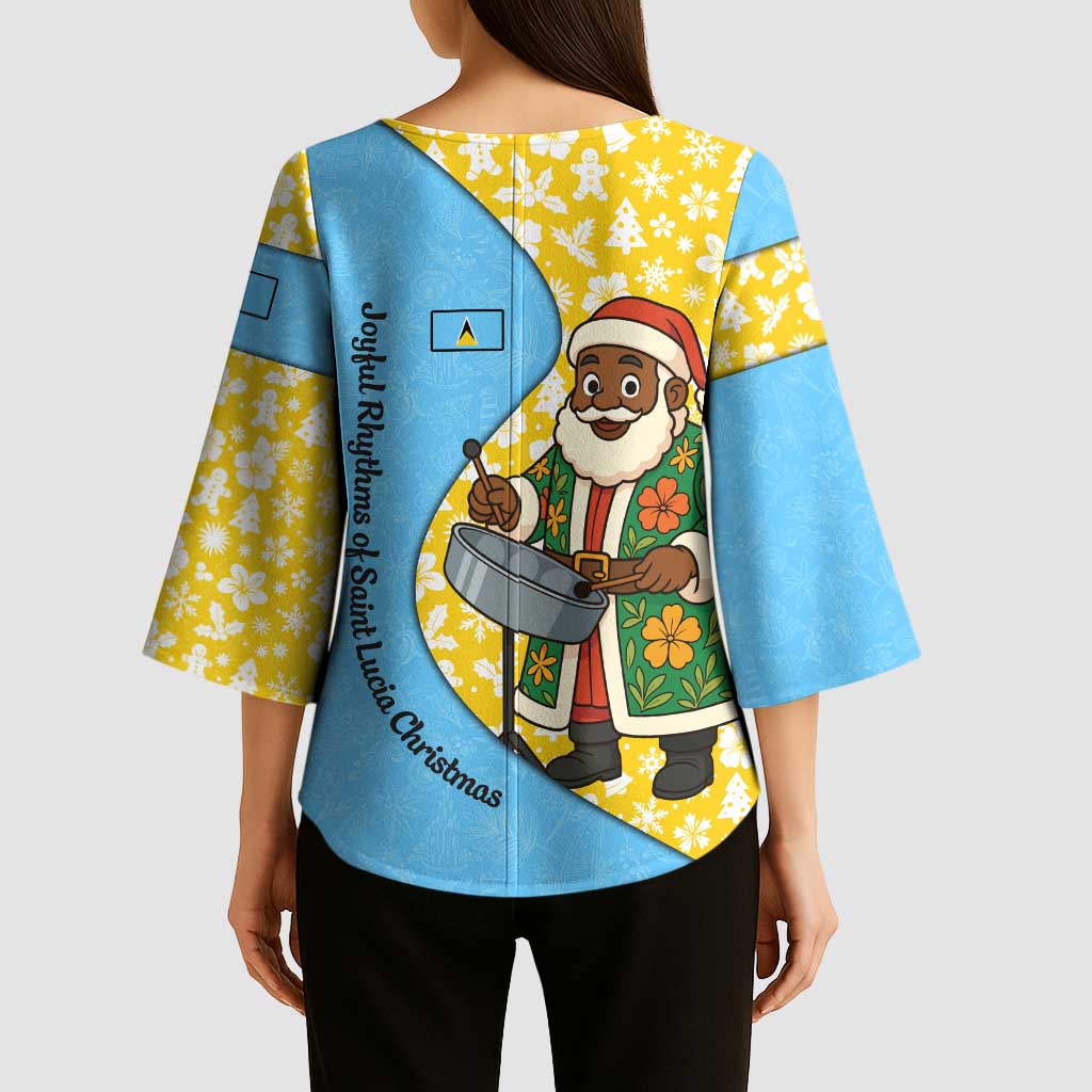 Saint Lucia Christmas Kimono Sleeve Blouse with Steelpan Santa Floral Pattern and Flag - Wonder Print Shop