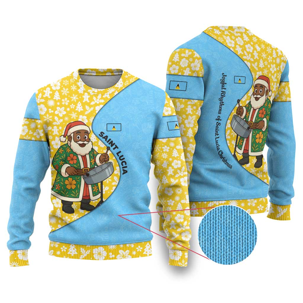 Saint Lucia Christmas Ugly Christmas Sweater with Steelpan Santa Floral Pattern and Flag - Wonder Print Shop