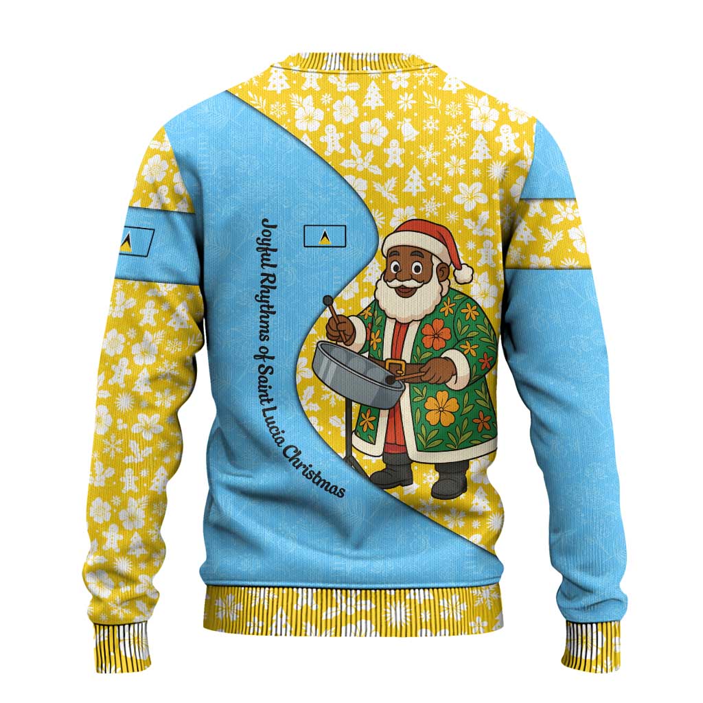 Saint Lucia Christmas Ugly Christmas Sweater with Steelpan Santa Floral Pattern and Flag - Wonder Print Shop