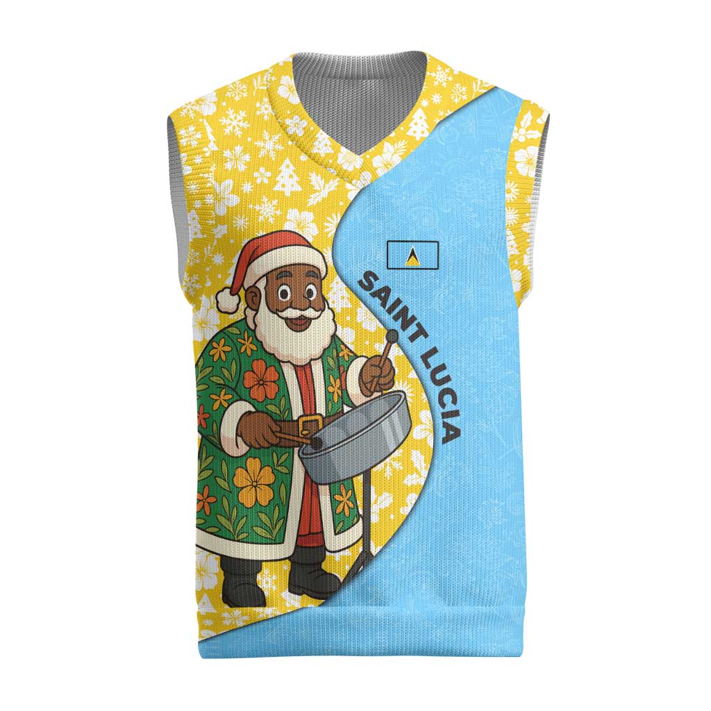 Saint Lucia Christmas Knitted V-Neck Vest with Steelpan Santa Floral Pattern and Flag - Wonder Print Shop