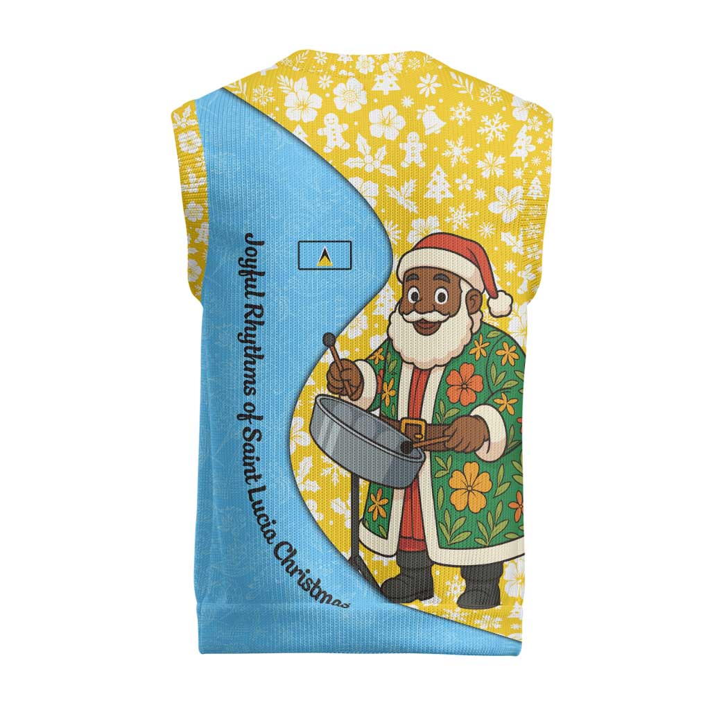 Saint Lucia Christmas Knitted V-Neck Vest with Steelpan Santa Floral Pattern and Flag - Wonder Print Shop
