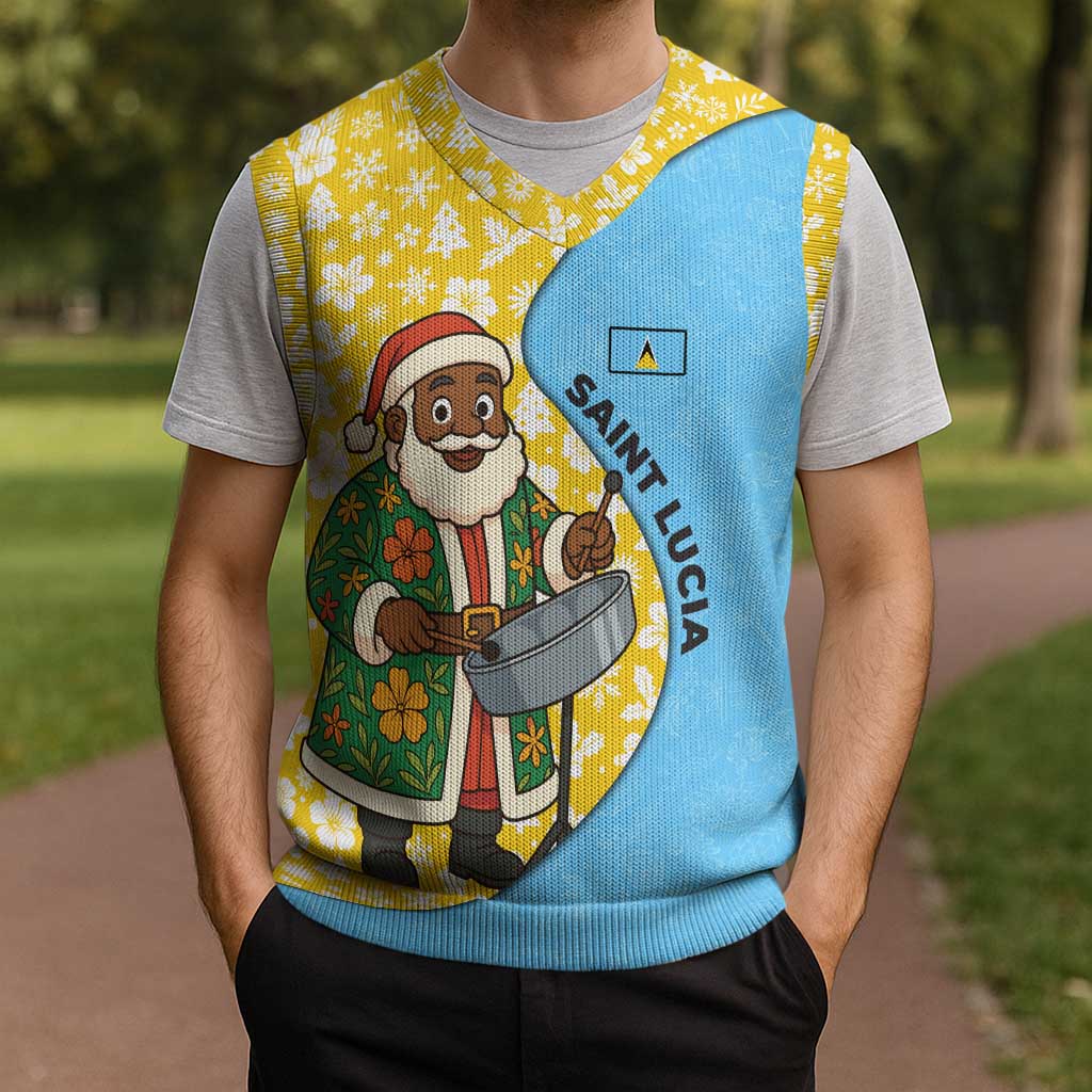 Saint Lucia Christmas Knitted V-Neck Vest with Steelpan Santa Floral Pattern and Flag - Wonder Print Shop