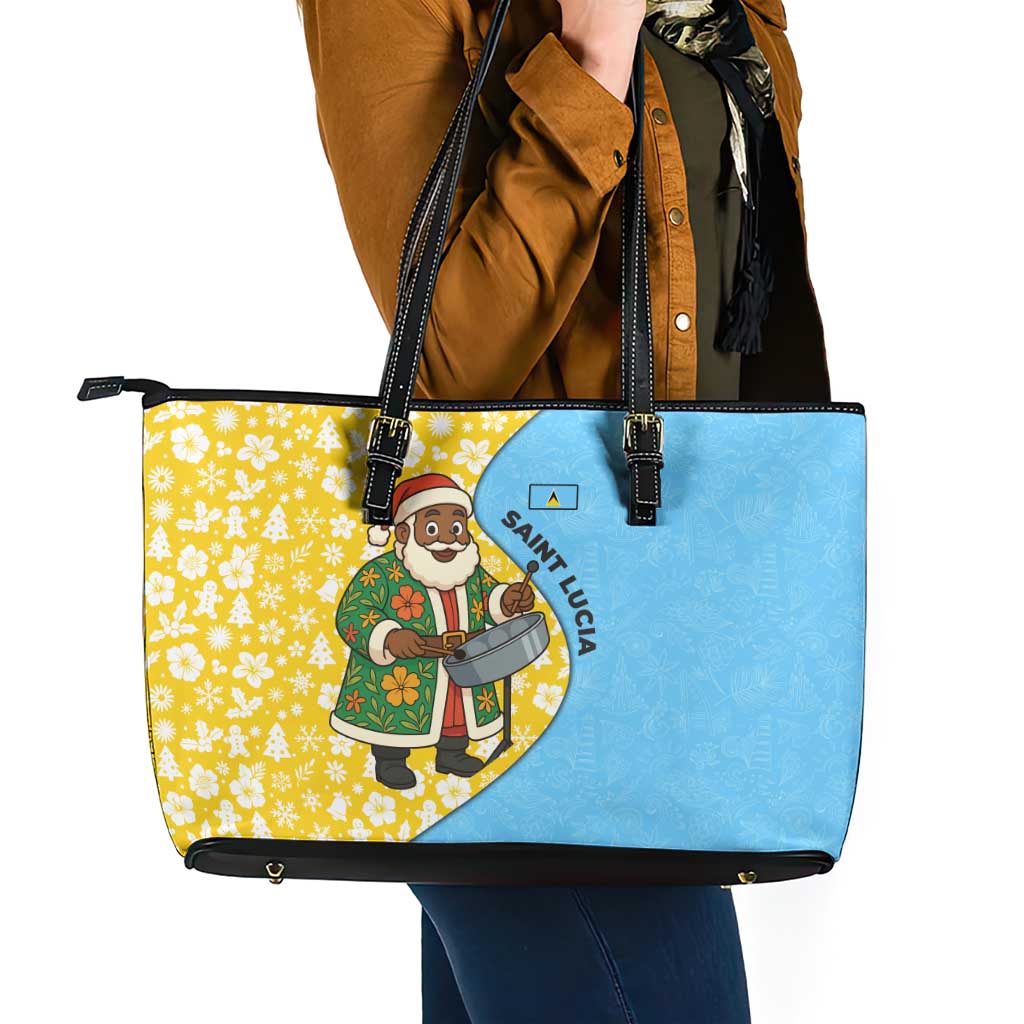 Saint Lucia Christmas Leather Tote Bag with Steelpan Santa Floral Pattern and Flag - Wonder Print Shop