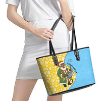 Saint Lucia Christmas Leather Tote Bag with Steelpan Santa Floral Pattern and Flag - Wonder Print Shop