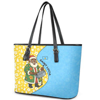 Saint Lucia Christmas Leather Tote Bag with Steelpan Santa Floral Pattern and Flag - Wonder Print Shop