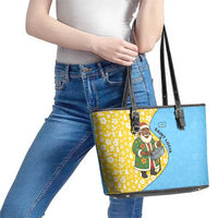 Saint Lucia Christmas Leather Tote Bag with Steelpan Santa Floral Pattern and Flag - Wonder Print Shop