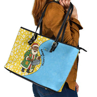 Saint Lucia Christmas Leather Tote Bag with Steelpan Santa Floral Pattern and Flag - Wonder Print Shop