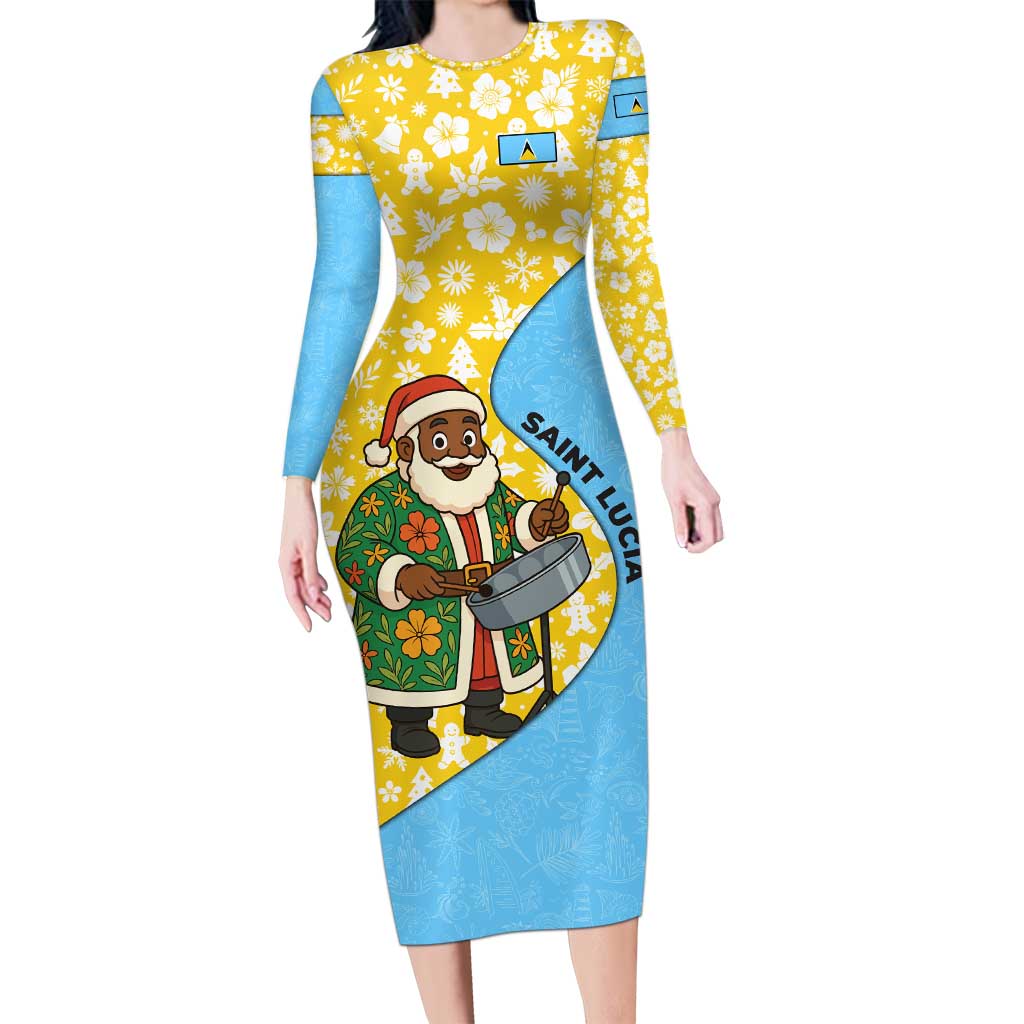Saint Lucia Christmas Long Sleeve Bodycon Dress with Steelpan Santa Floral Pattern and Flag - Wonder Print Shop