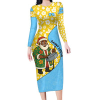 Saint Lucia Christmas Long Sleeve Bodycon Dress with Steelpan Santa Floral Pattern and Flag - Wonder Print Shop