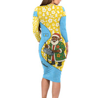 Saint Lucia Christmas Long Sleeve Bodycon Dress with Steelpan Santa Floral Pattern and Flag - Wonder Print Shop