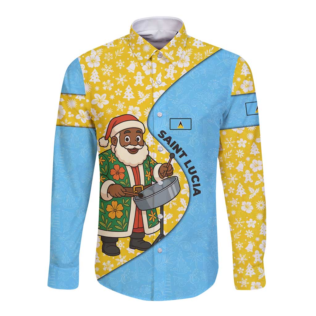 Saint Lucia Christmas Long Sleeve Button Shirt with Steelpan Santa Floral Pattern and Flag - Wonder Print Shop