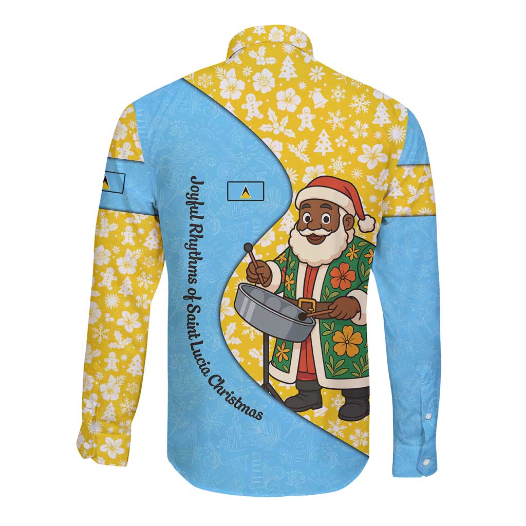 Saint Lucia Christmas Long Sleeve Button Shirt with Steelpan Santa Floral Pattern and Flag - Wonder Print Shop