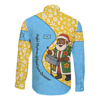 Saint Lucia Christmas Long Sleeve Button Shirt with Steelpan Santa Floral Pattern and Flag - Wonder Print Shop