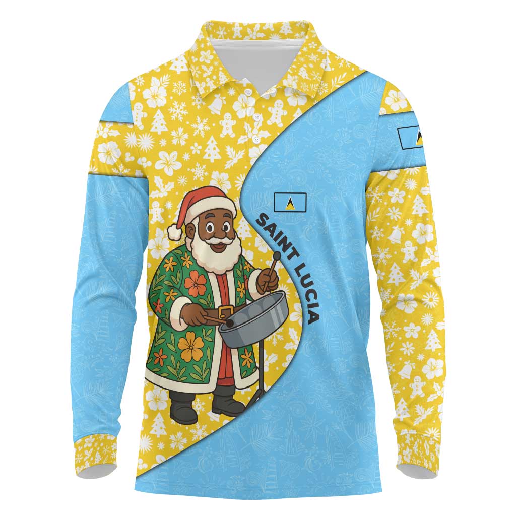 Saint Lucia Christmas Long Sleeve Polo Shirt with Steelpan Santa Floral Pattern and Flag - Wonder Print Shop