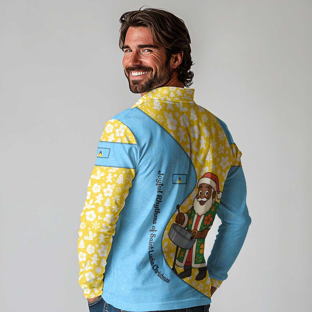 Saint Lucia Christmas Long Sleeve Polo Shirt with Steelpan Santa Floral Pattern and Flag - Wonder Print Shop