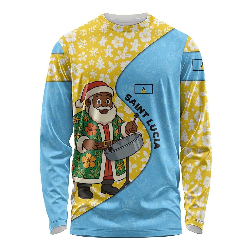 Saint Lucia Christmas Long Sleeve Shirt with Steelpan Santa Floral Pattern and Flag - Wonder Print Shop