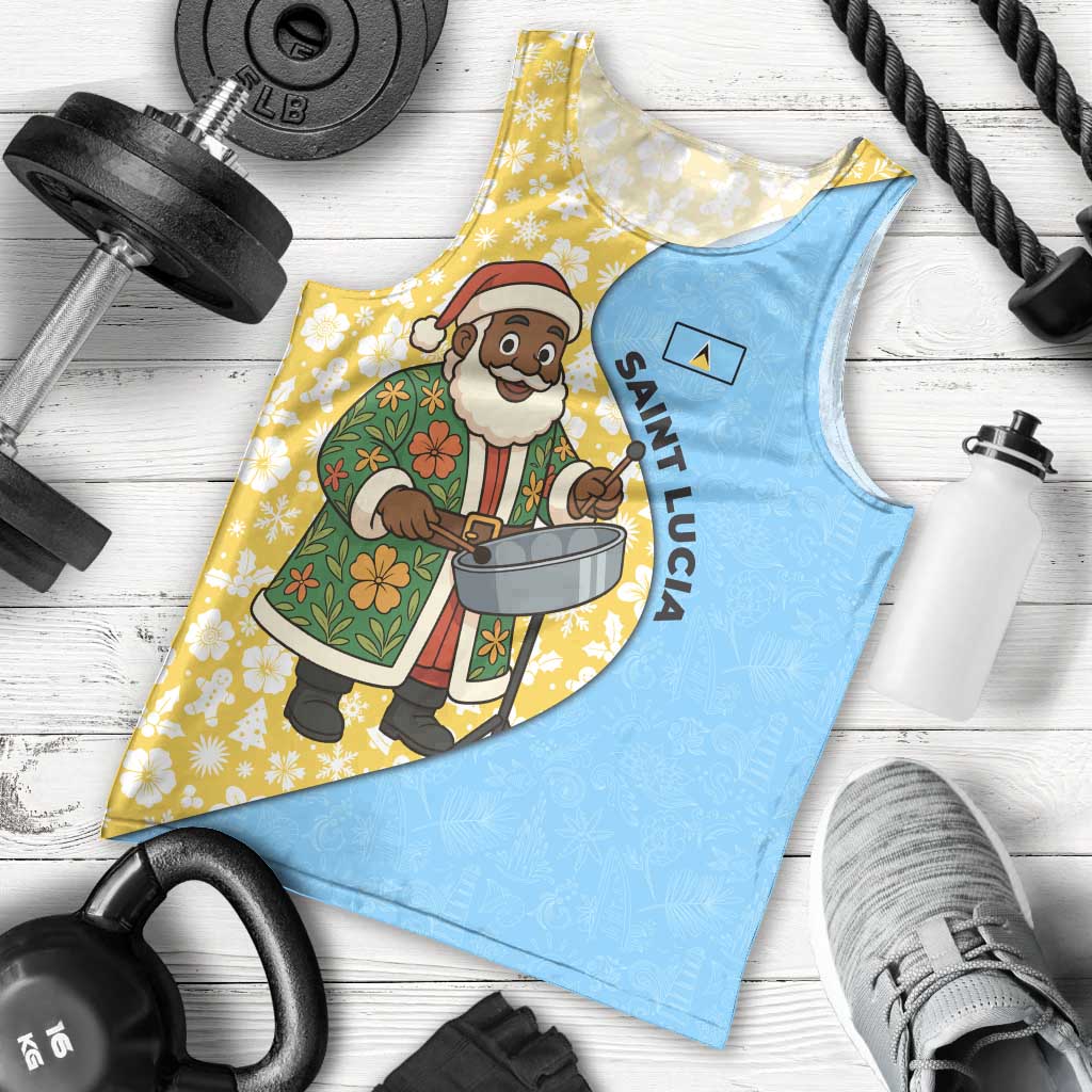 Saint Lucia Christmas Men Tank Top with Steelpan Santa Floral Pattern and Flag - Wonder Print Shop
