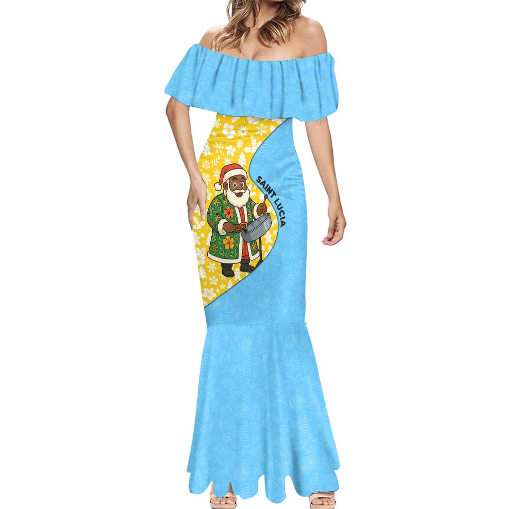 Saint Lucia Christmas Mermaid Dress with Steelpan Santa Floral Pattern and Flag - Wonder Print Shop