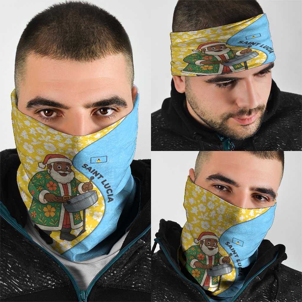 Saint Lucia Christmas Neck Gaiter with Steelpan Santa Floral Pattern and Flag - Wonder Print Shop