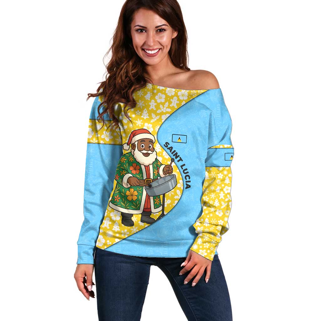 Saint Lucia Christmas Off Shoulder Sweater with Steelpan Santa Floral Pattern and Flag - Wonder Print Shop