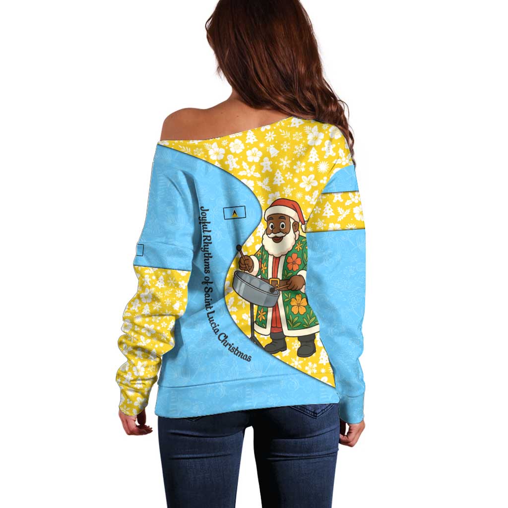 Saint Lucia Christmas Off Shoulder Sweater with Steelpan Santa Floral Pattern and Flag - Wonder Print Shop
