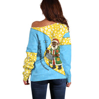 Saint Lucia Christmas Off Shoulder Sweater with Steelpan Santa Floral Pattern and Flag - Wonder Print Shop