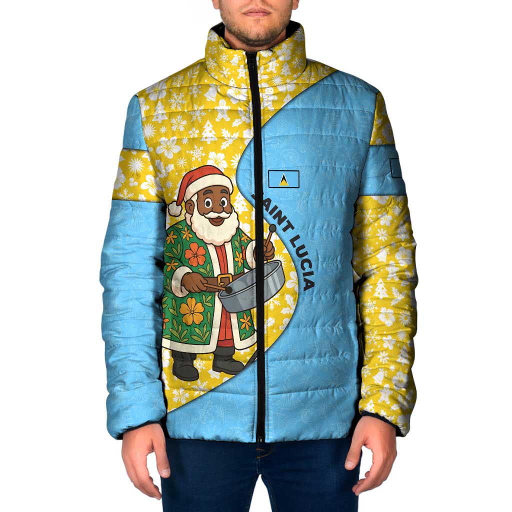 Saint Lucia Christmas Padded Jacket with Steelpan Santa Floral Pattern and Flag - Wonder Print Shop