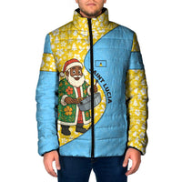 Saint Lucia Christmas Padded Jacket with Steelpan Santa Floral Pattern and Flag - Wonder Print Shop