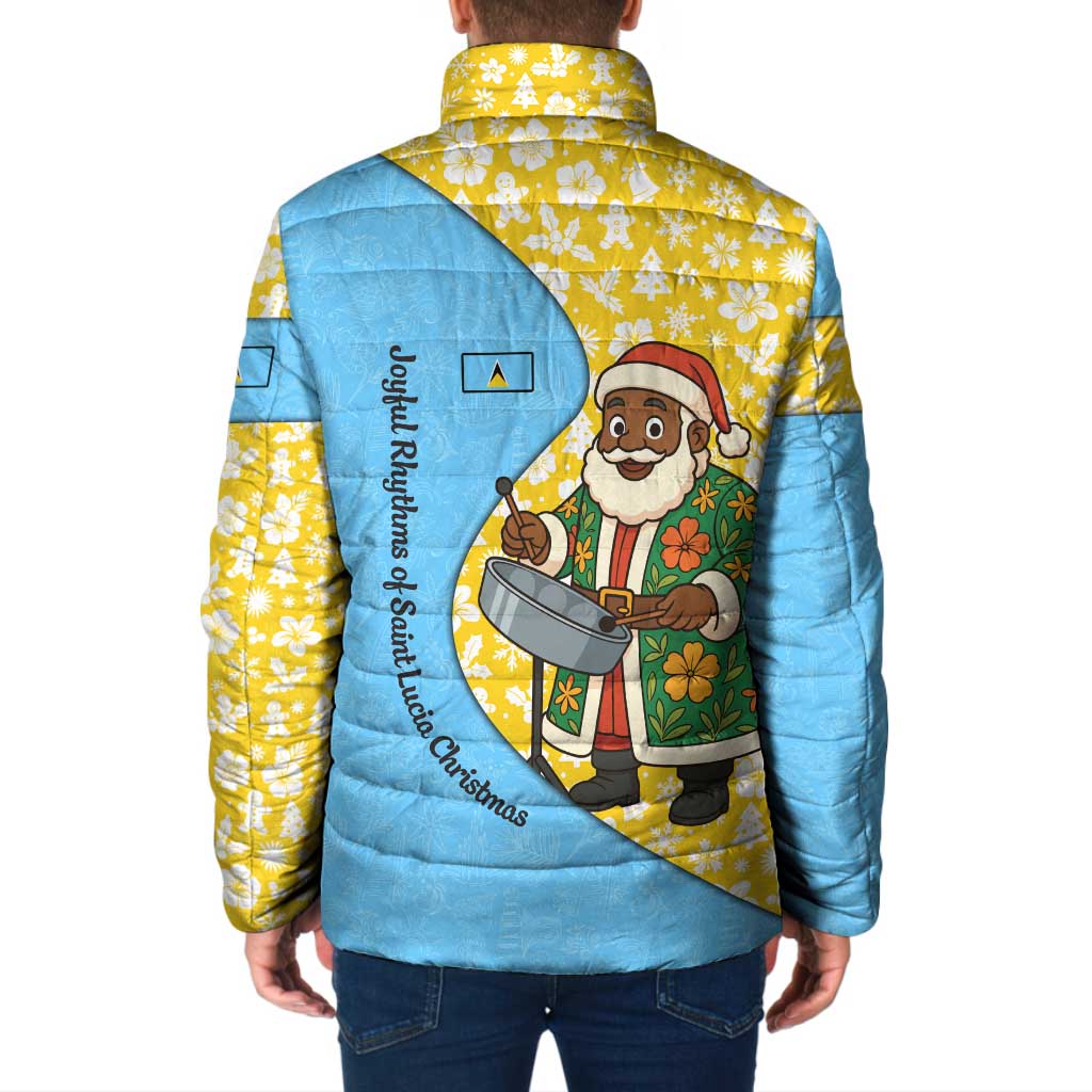 Saint Lucia Christmas Padded Jacket with Steelpan Santa Floral Pattern and Flag - Wonder Print Shop