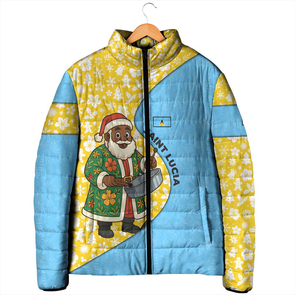 Saint Lucia Christmas Padded Jacket with Steelpan Santa Floral Pattern and Flag - Wonder Print Shop