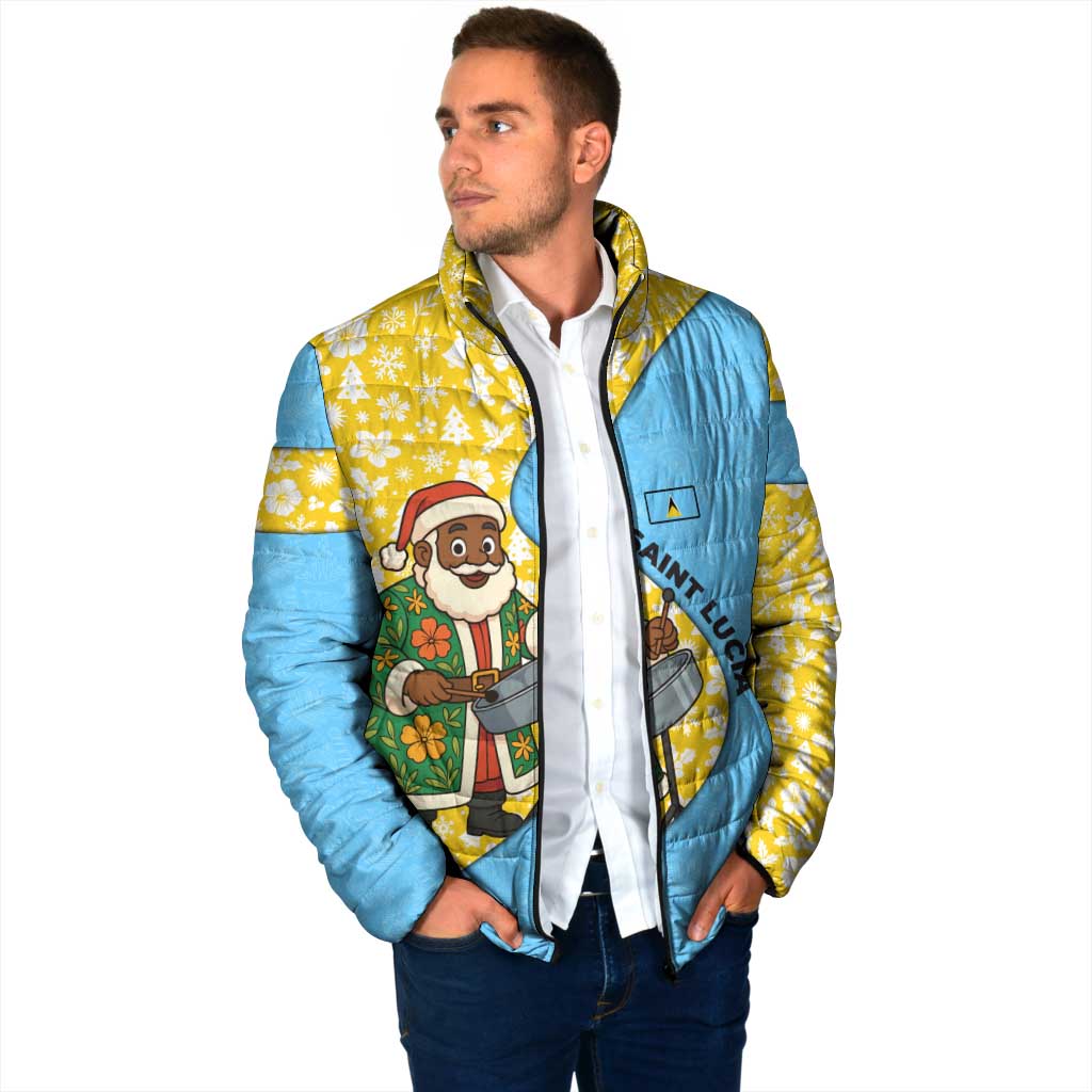 Saint Lucia Christmas Padded Jacket with Steelpan Santa Floral Pattern and Flag - Wonder Print Shop