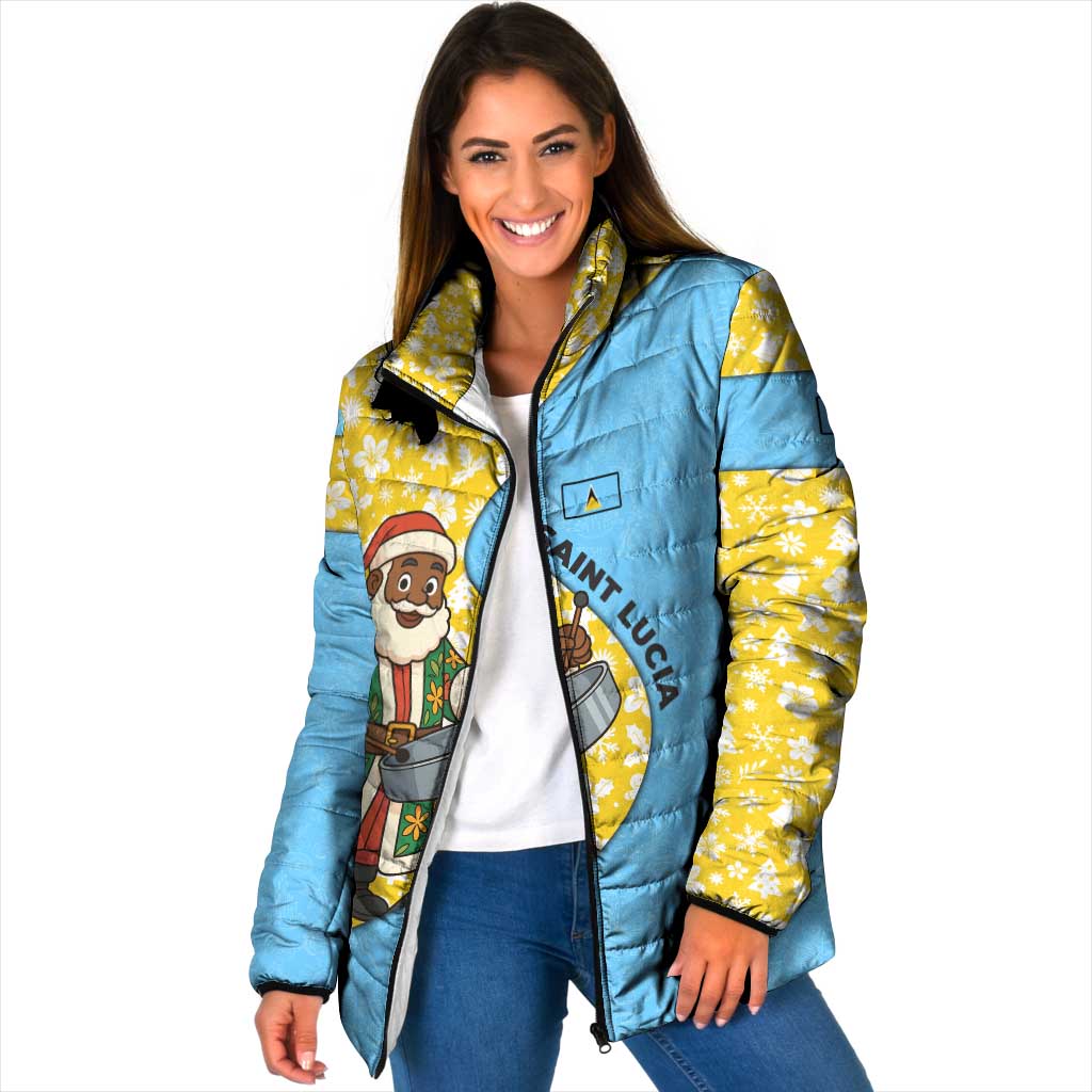 Saint Lucia Christmas Padded Jacket with Steelpan Santa Floral Pattern and Flag - Wonder Print Shop