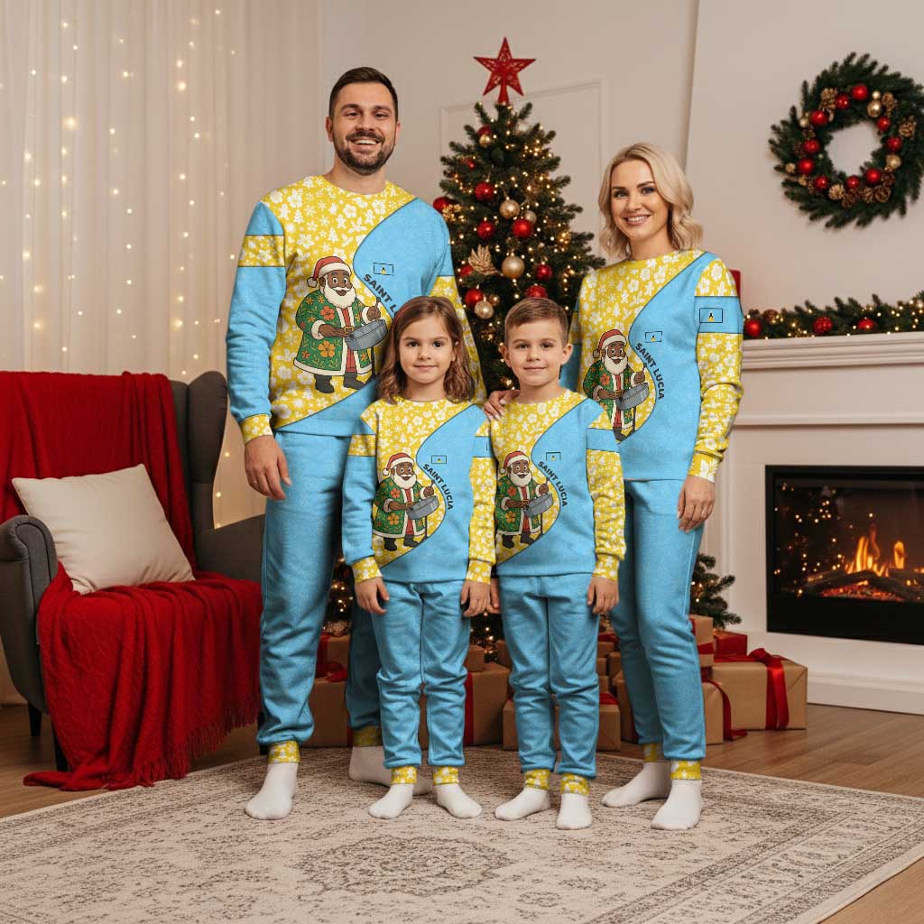 Saint Lucia Christmas Pajama Set with Steelpan Santa Floral Pattern and Flag - Wonder Print Shop