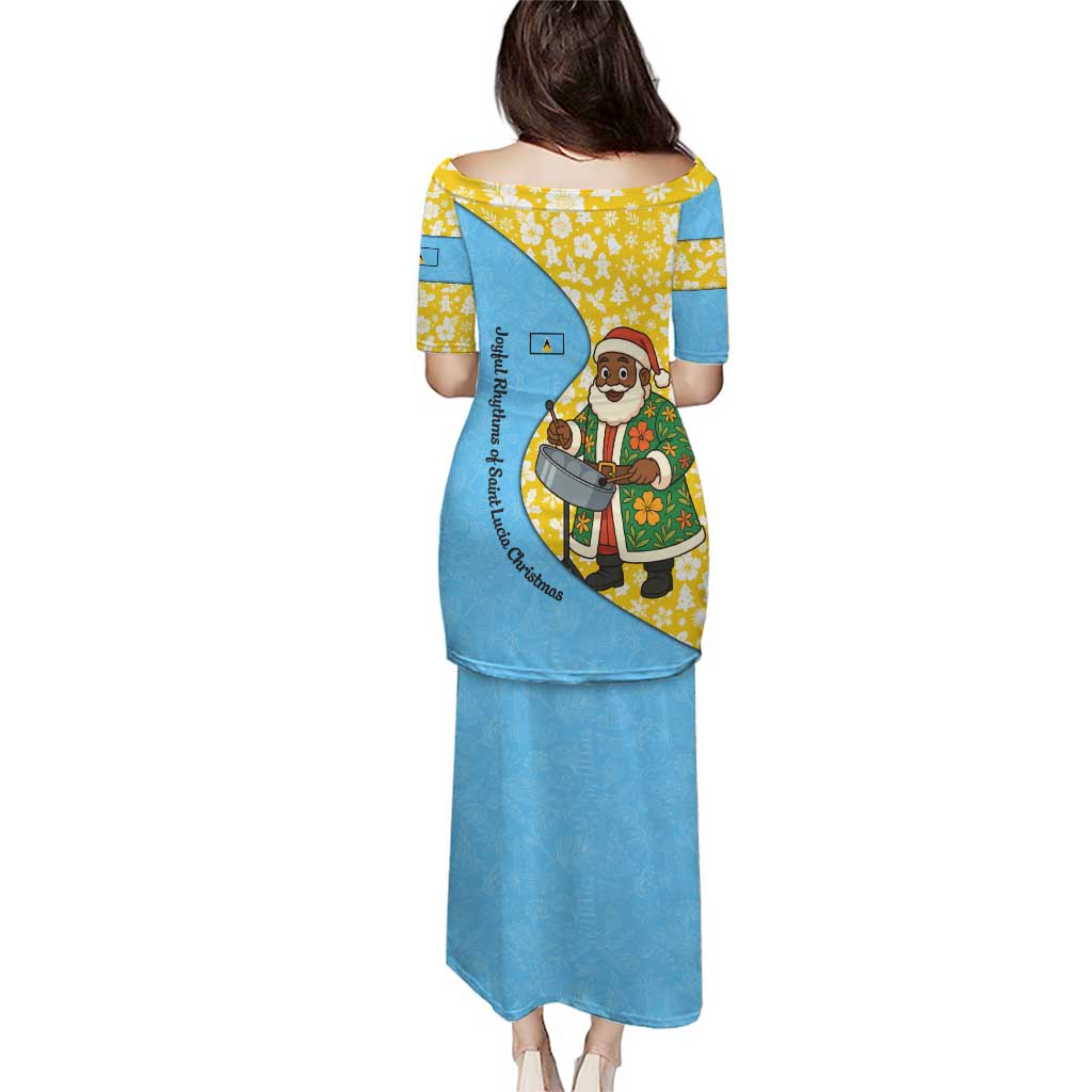 Saint Lucia Christmas Puletasi with Steelpan Santa Floral Pattern and Flag - Wonder Print Shop