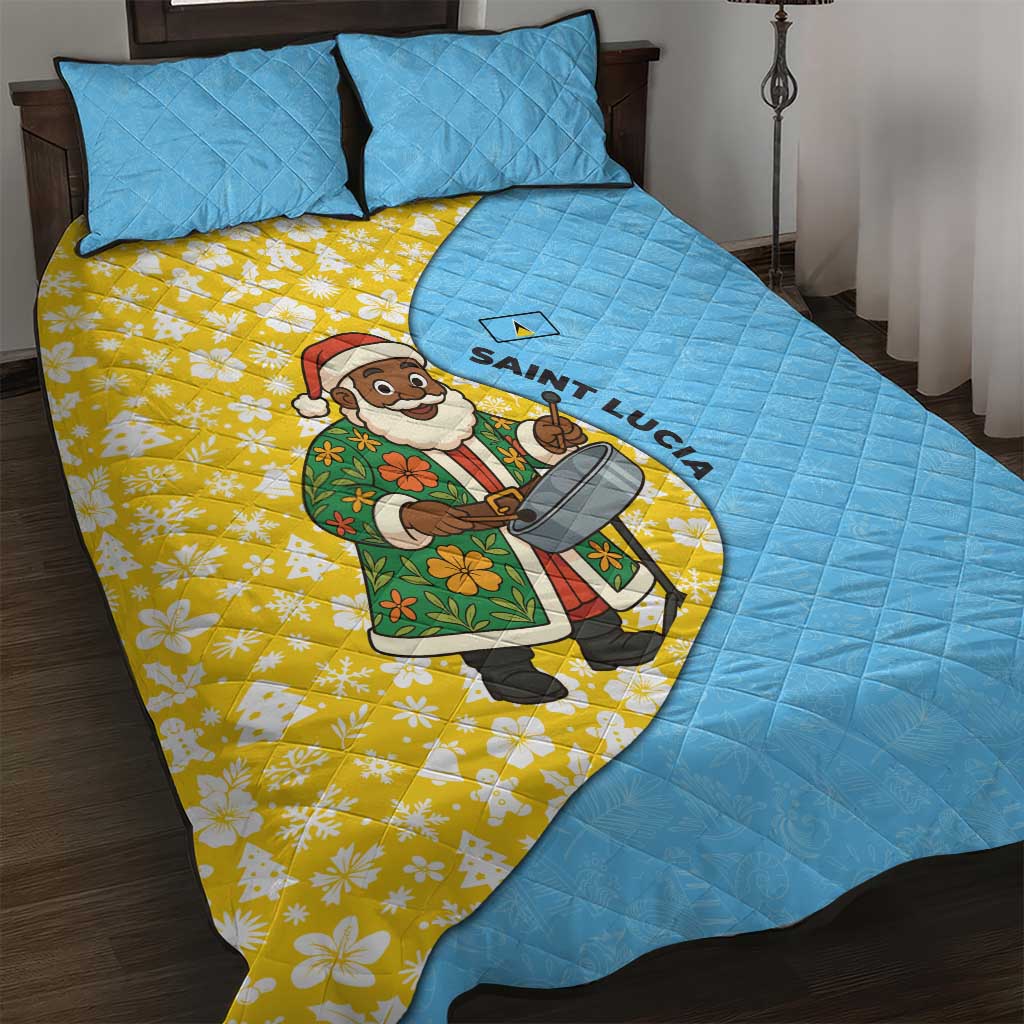 Saint Lucia Christmas Quilt Bed Set with Steelpan Santa Floral Pattern and Flag - Wonder Print Shop