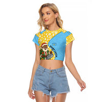 Saint Lucia Christmas Raglan Cropped T Shirt with Steelpan Santa Floral Pattern and Flag - Wonder Print Shop
