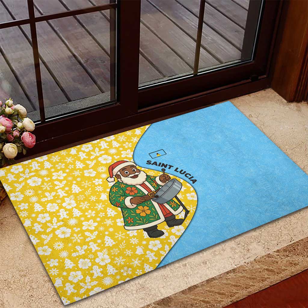 Saint Lucia Christmas Rubber Doormat with Steelpan Santa Floral Pattern and Flag - Wonder Print Shop