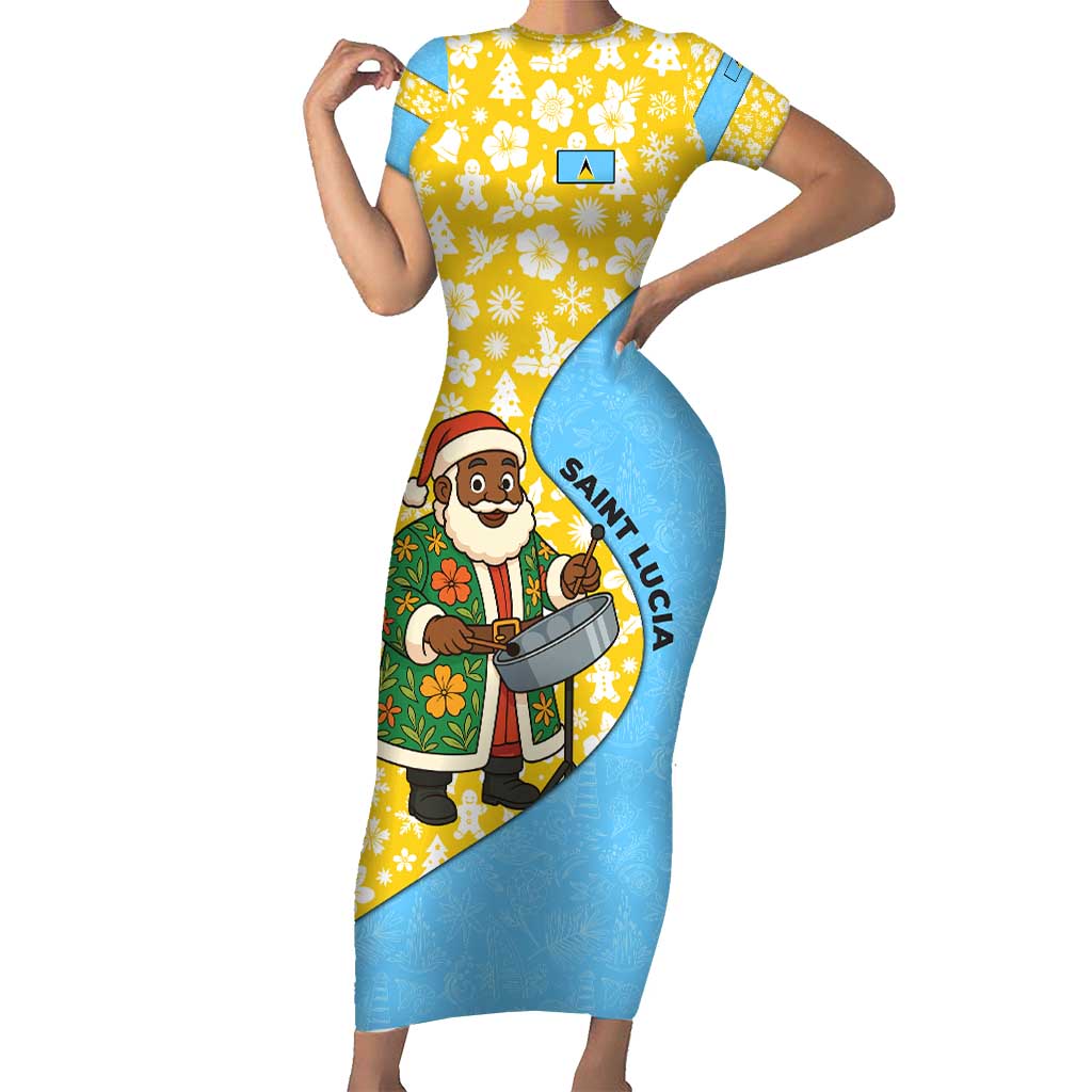 Saint Lucia Christmas Short Sleeve Bodycon Dress with Steelpan Santa Floral Pattern and Flag - Wonder Print Shop
