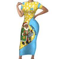 Saint Lucia Christmas Short Sleeve Bodycon Dress with Steelpan Santa Floral Pattern and Flag - Wonder Print Shop