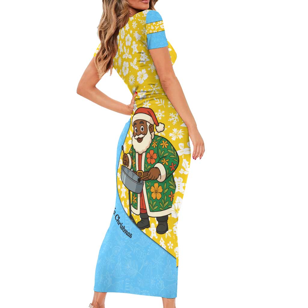 Saint Lucia Christmas Short Sleeve Bodycon Dress with Steelpan Santa Floral Pattern and Flag - Wonder Print Shop