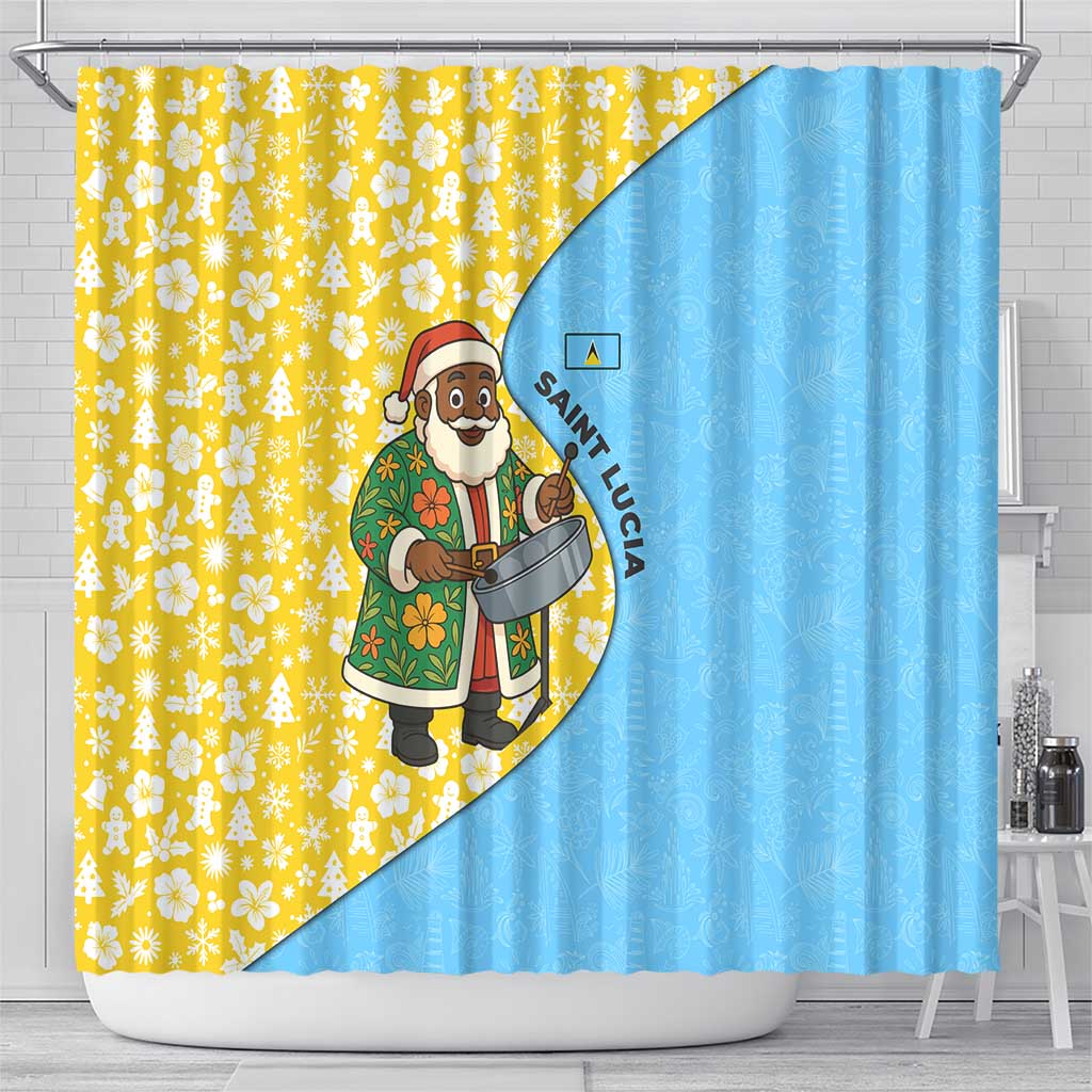Saint Lucia Christmas Shower Curtain with Steelpan Santa Floral Pattern and Flag - Wonder Print Shop