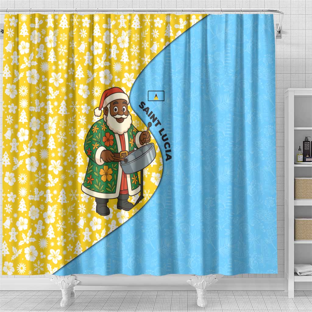 Saint Lucia Christmas Shower Curtain with Steelpan Santa Floral Pattern and Flag - Wonder Print Shop