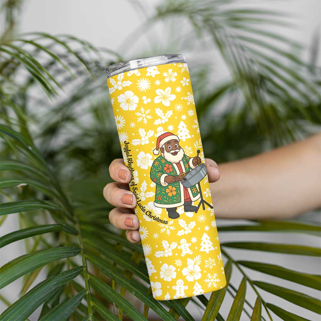 Saint Lucia Christmas Skinny Tumbler with Steelpan Santa Floral Pattern and Flag - Wonder Print Shop