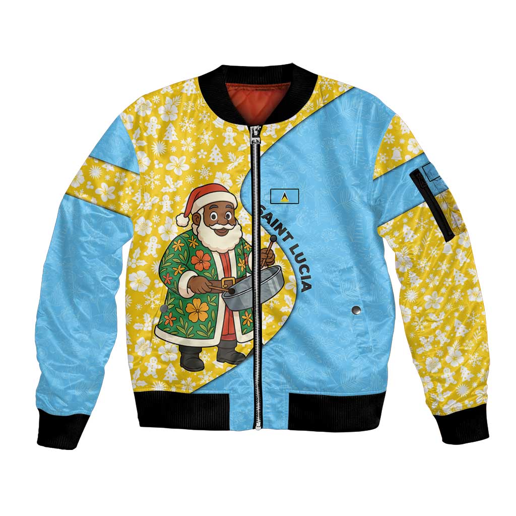 Saint Lucia Christmas Sleeve Zip Bomber Jacket with Steelpan Santa Floral Pattern and Flag - Wonder Print Shop