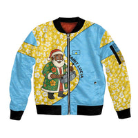 Saint Lucia Christmas Sleeve Zip Bomber Jacket with Steelpan Santa Floral Pattern and Flag - Wonder Print Shop