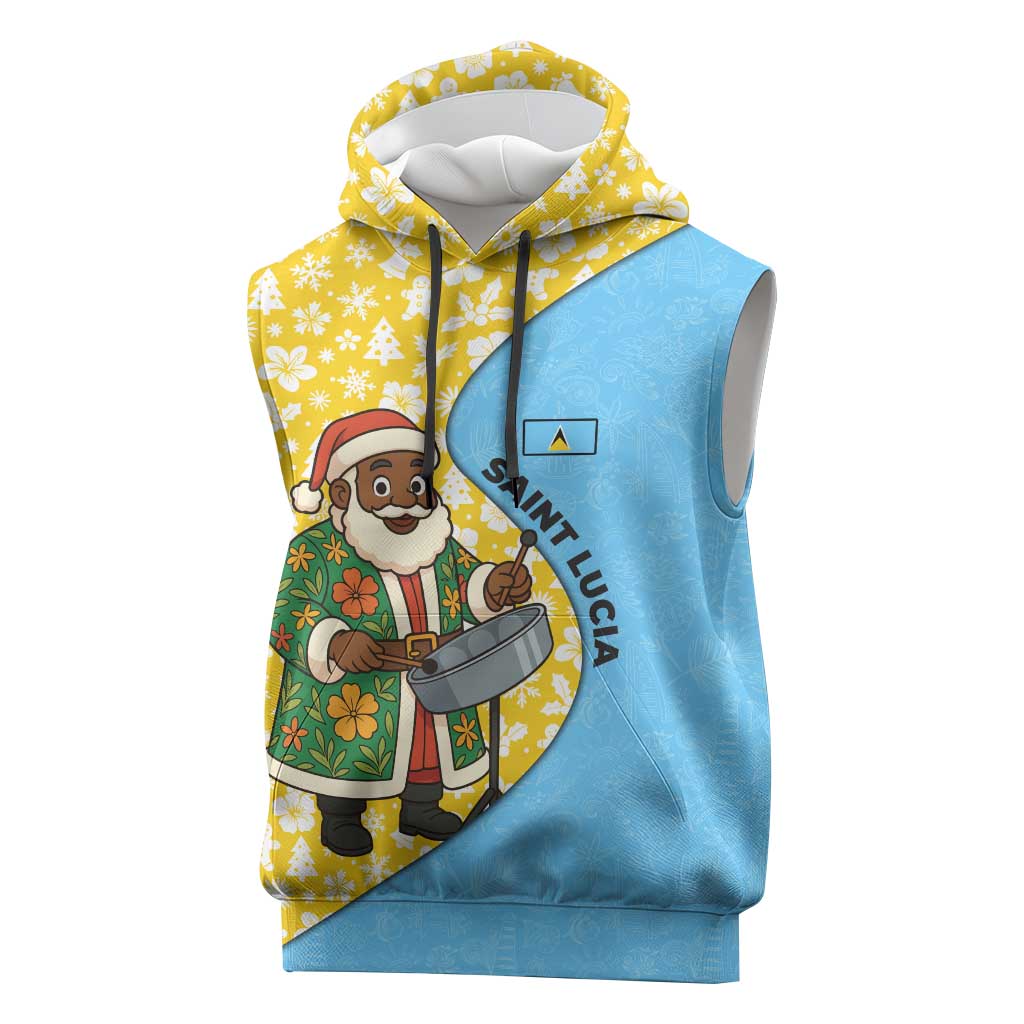 Saint Lucia Christmas Sleeveless Hoodie with Steelpan Santa Floral Pattern and Flag - Wonder Print Shop