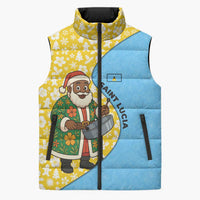 Saint Lucia Christmas Sleeveless Puffer Jacket with Steelpan Santa Floral Pattern and Flag - Wonder Print Shop